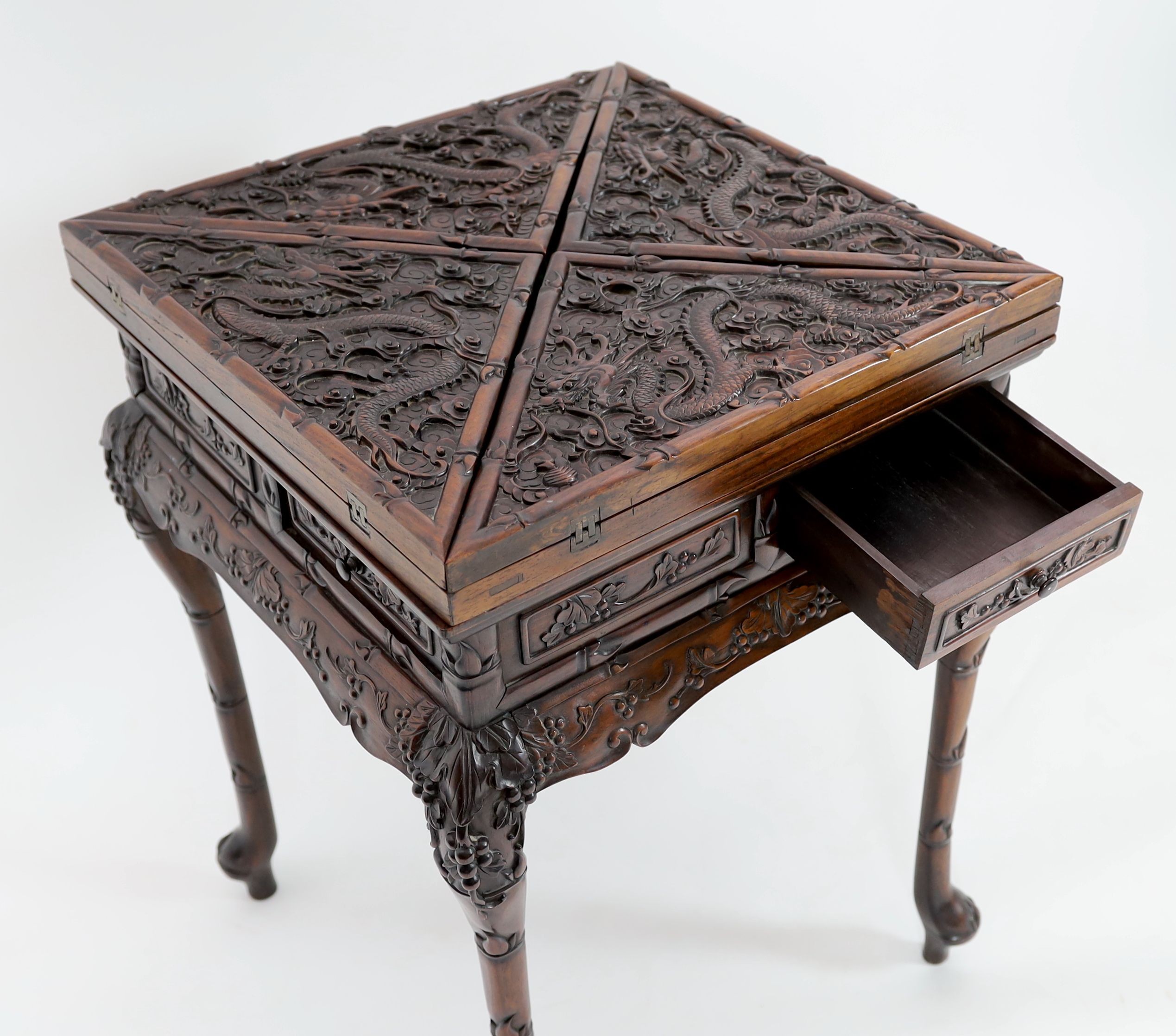 A Chinese hongmu ‘dragon’ envelope card table, c.1910, 55 cm Square, 78 cm high, some splits